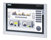 Siemens SIMATIC HMI TP1200 Comfort Panel with 12" widescreen TFT display and touch operation showing interface diagrams